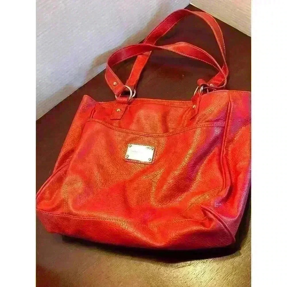 Nine West Red Tote Faux Leather Contrast Stitching Metal Studs - Picture 2 of 7